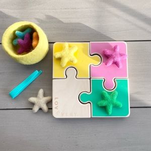 Lovevery Chunky Wooden Jigsaw Puzzle, Transfer Tweezers, & Felt Stars